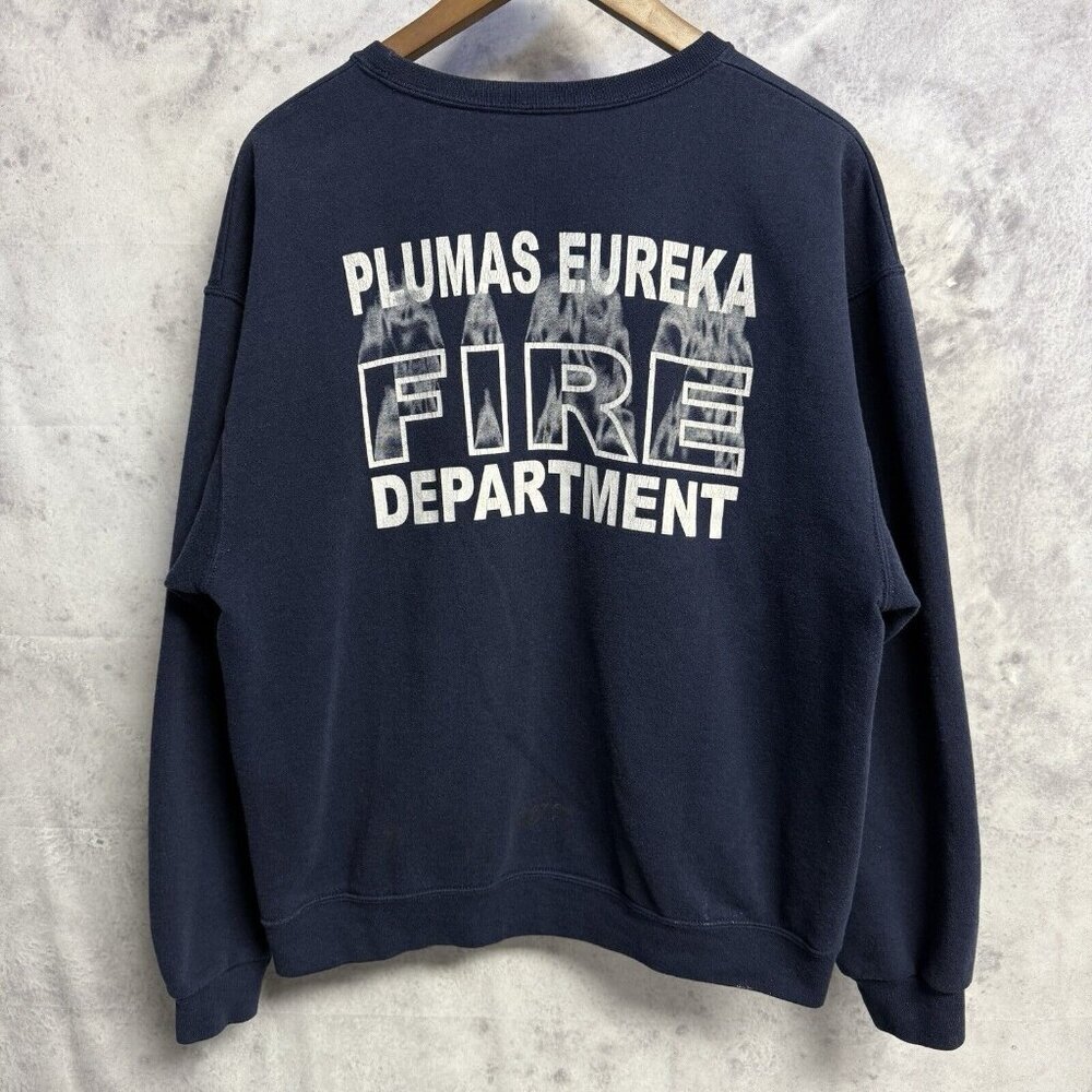 Vintage Fire Dept Sweatshirt Mens Large Blue Crew Neck Plumas Eureka California
